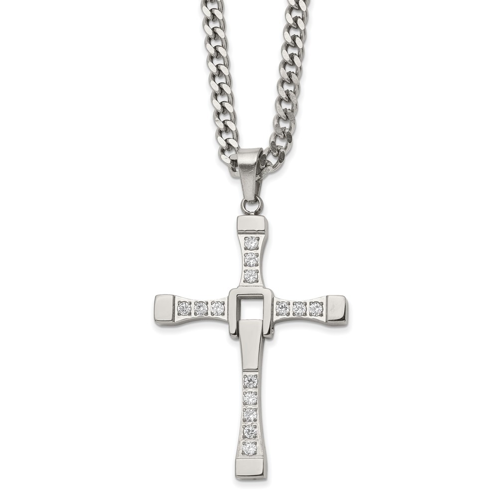 Stainless Steel Polished w/CZ Moveable Cross 22in w/2in ext Necklace