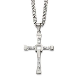 Chisel Stainless Steel Polished with CZ Moveable Cross Pendant on a 22 inch with 2 inch Extension Cable Chain Necklace