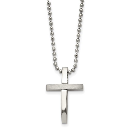 Chisel Stainless Steel Brushed and Polished Cross Pendant on an Ball Chain Necklace, 18"