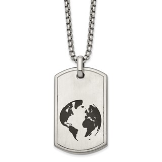 Chisel Stainless Steel Brushed Black Enamel Earth Dog Tag on a 24 inch Box Chain with 2.75in extension Necklace