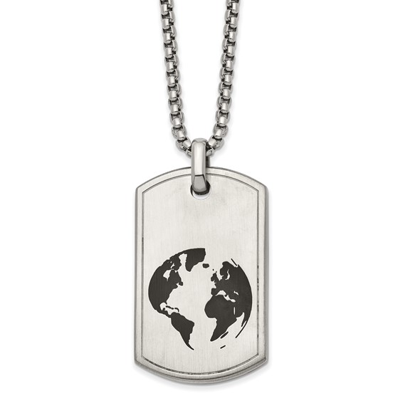 Chisel Stainless Steel Brushed Black Enamel Earth Dog Tag on a 24 inch Box Chain with 2.75in extension Necklace
