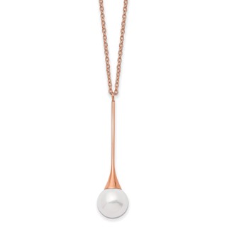 Chisel Stainless Steel Polished Rose IP-plated Imitation Pearl Pendant on a 15.75 inch with a 1 inch Extension Necklace