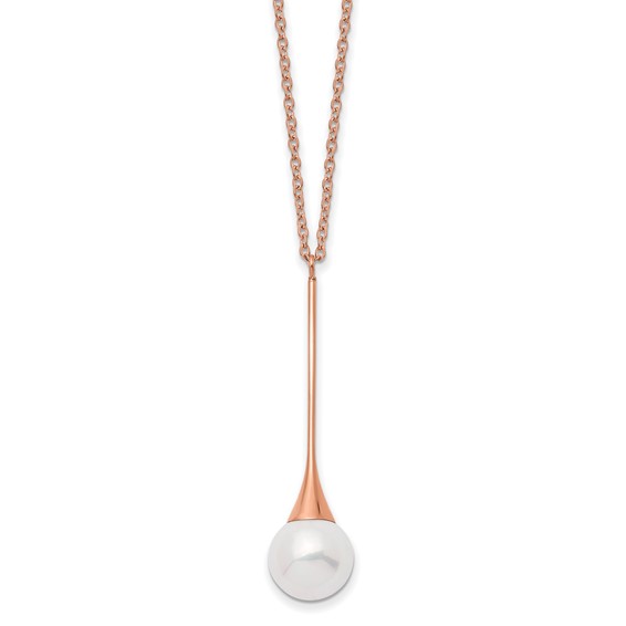 Chisel Stainless Steel Polished Rose IP-plated Imitation Pearl Pendant on a 15.75 inch with a 1 inch Extension Necklace