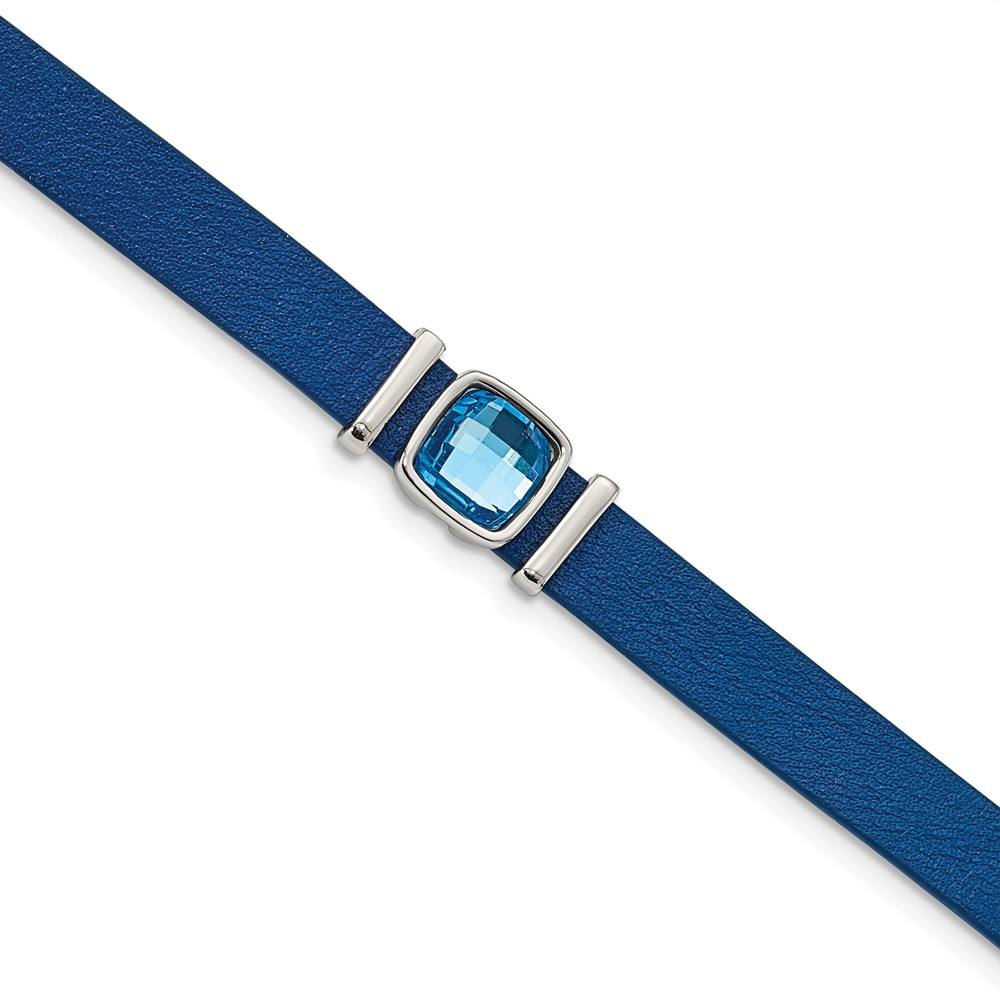 Stainless Steel Polished Blue Leather w/Crystal 13in w/1.75in ext Choker