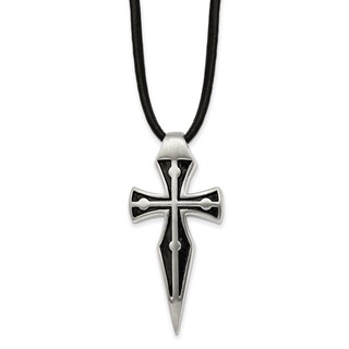 Chisel Stainless Steel Antiqued Brushed and Polished Cross Pendant on an 18 inch Leather Cord Plus a 2 inch Extension Necklace