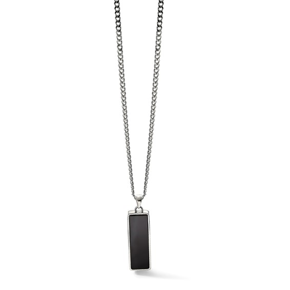 Chisel Stainless Steel Polished with Black Onyx Inlay Rectangle Pendant on a 22 inch Curb Chain Necklace