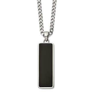 Chisel Stainless Steel Polished with Black Onyx Inlay Rectangle Pendant on a 22 inch Curb Chain Necklace