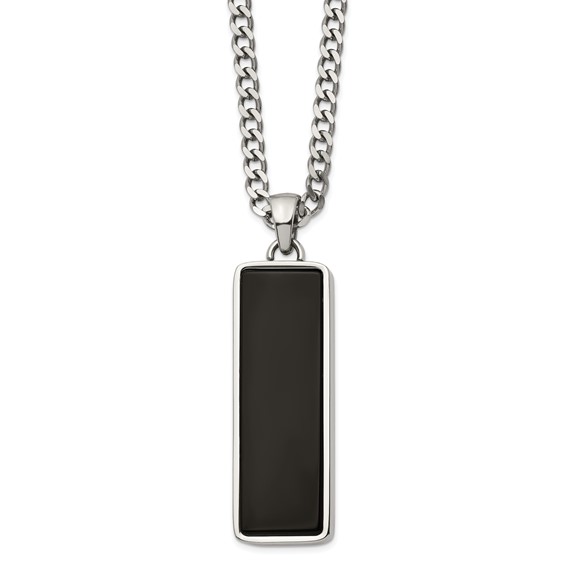 Chisel Stainless Steel Polished with Black Onyx Inlay Rectangle Pendant on a 22 inch Curb Chain Necklace