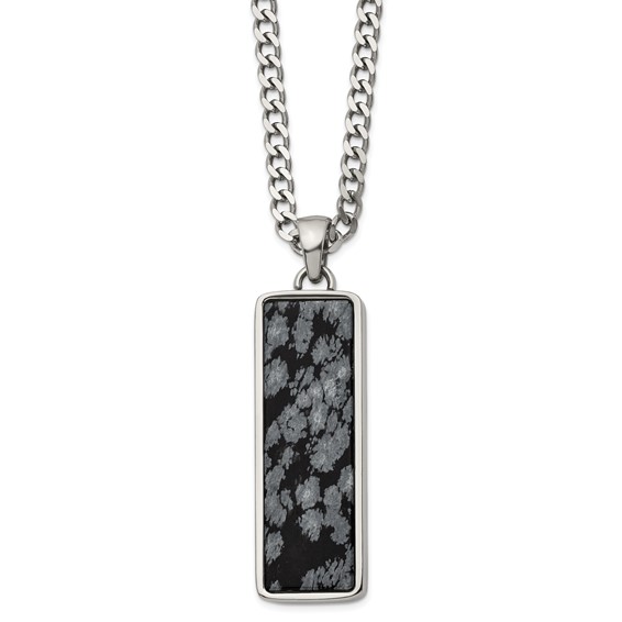Chisel Stainless Steel Polished with Alabaster Stone Inlay Rectangle Pendant on a 22 inch Curb Chain Necklace