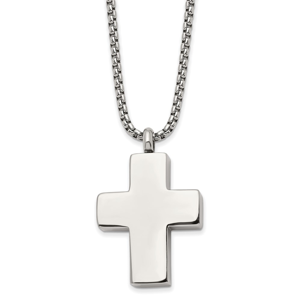 Stainless Steel 24in Brush & Polished Reversible Cross Ash Holder Necklace
