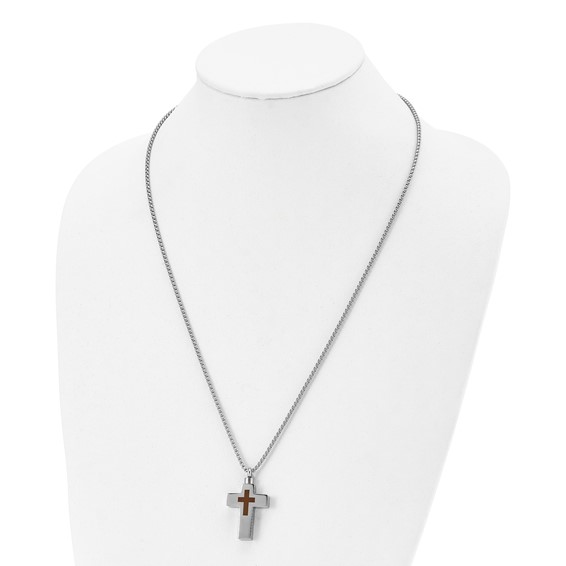 Chisel Stainless Steel Polished and Lasered Cross Ash Holder on a 24in Box Chain Necklace