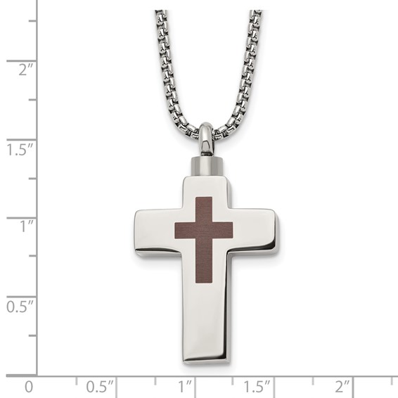 Chisel Stainless Steel Polished and Lasered Cross Ash Holder on a 24in Box Chain Necklace