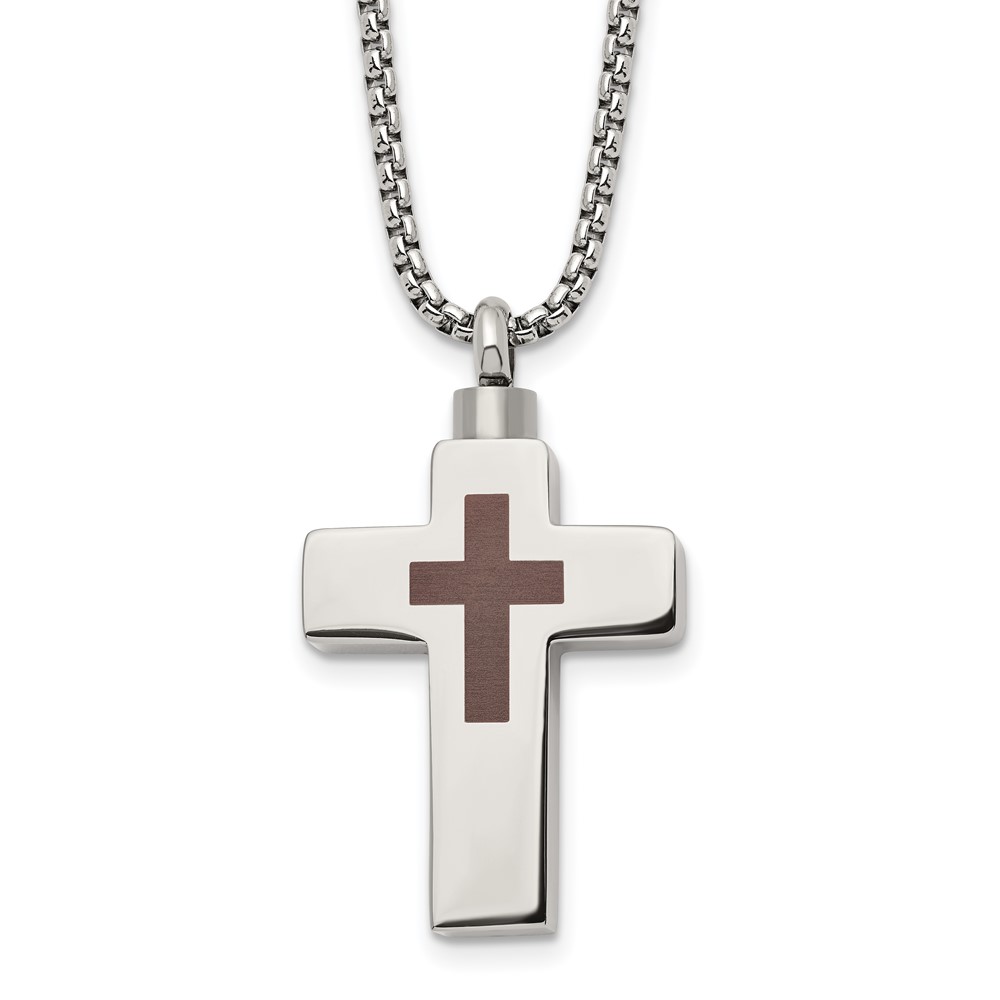 Stainless Steel 24in Polished Lasered Cross Ash Holder Necklace