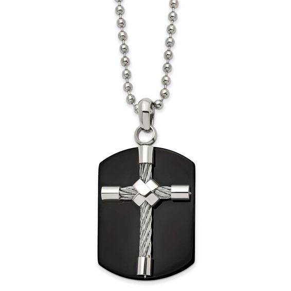 Chisel Stainless Steel Polished Black IP-plated Wire Cross Dog Tag on a 24 inch Ball Chain Necklace