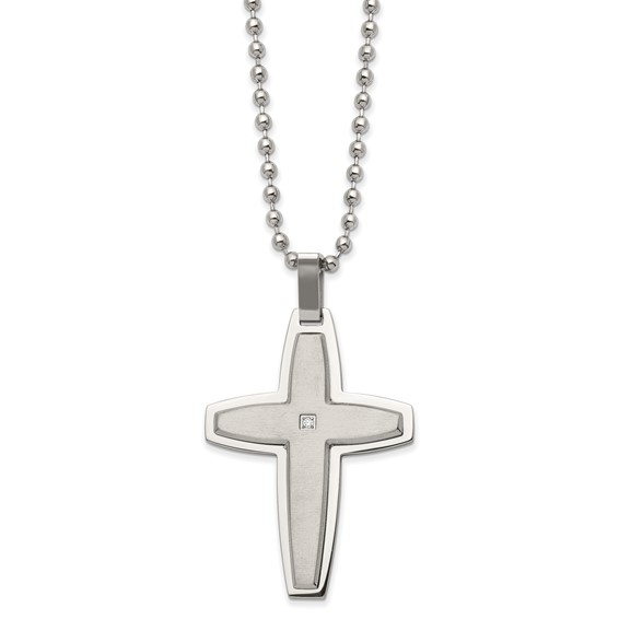 Stainless Steel Brushed and Polished with CZ Cross 22in Necklace