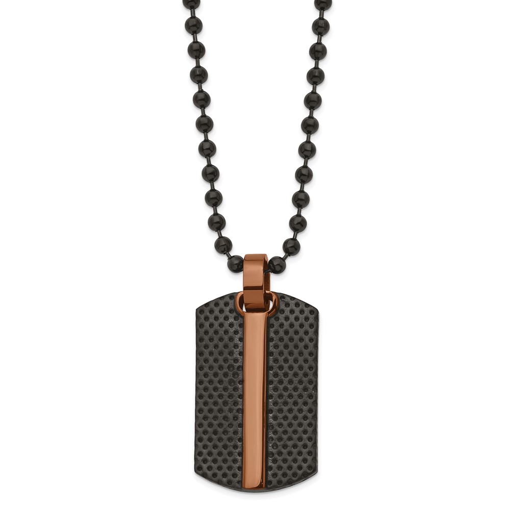 Stainless Steel 24in Polished & Textured Black & Brown IP Dog Tag Necklace