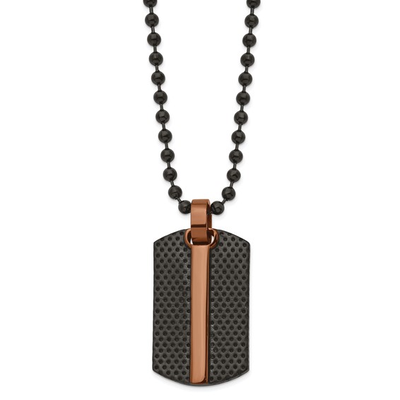 Chisel Stainless Steel Polished and Textured Black and Brown IP-plated Dog Tag on a 24 inch Ball Chain Necklace