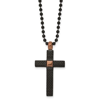 Chisel Stainless Steel Polished and Textured Black and Brown IP-plated Cross Pendant on a 24 inch Ball Chain Necklace