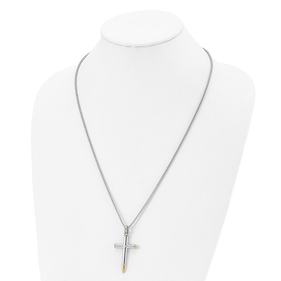 Chisel Stainless Steel Polished Yellow IP-plated Bullet Cross Pendant on a 24 inch Box Chain Necklace