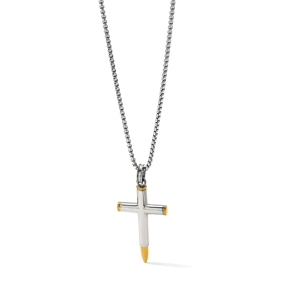 Chisel Stainless Steel Polished Yellow IP-plated Bullet Cross Pendant on a 24 inch Box Chain Necklace