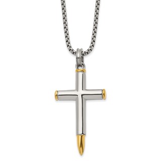 Chisel Stainless Steel Polished Yellow IP-plated Bullet Cross Pendant on a 24 inch Box Chain Necklace