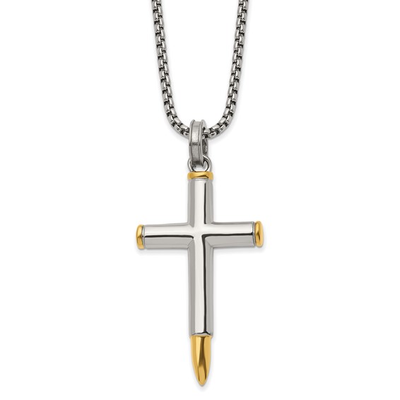 Chisel Stainless Steel Polished Yellow IP-plated Bullet Cross Pendant on a 24 inch Box Chain Necklace