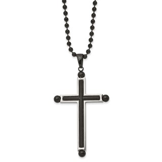 Chisel Stainless Steel Polished and Textured Black IP-plated Cross Pendant on a 24 inch Ball Chain Necklace