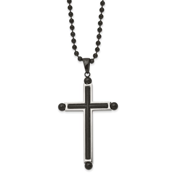 Chisel Stainless Steel Polished and Textured Black IP-plated Cross Pendant on a 24 inch Ball Chain Necklace
