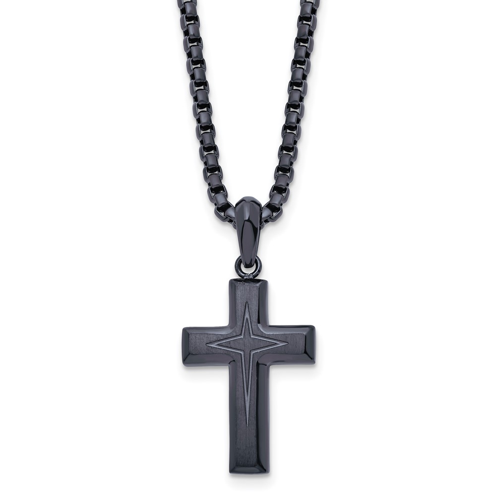 Stainless Steel Brushed and Polished Dark Grey IP 24in Cross Necklace