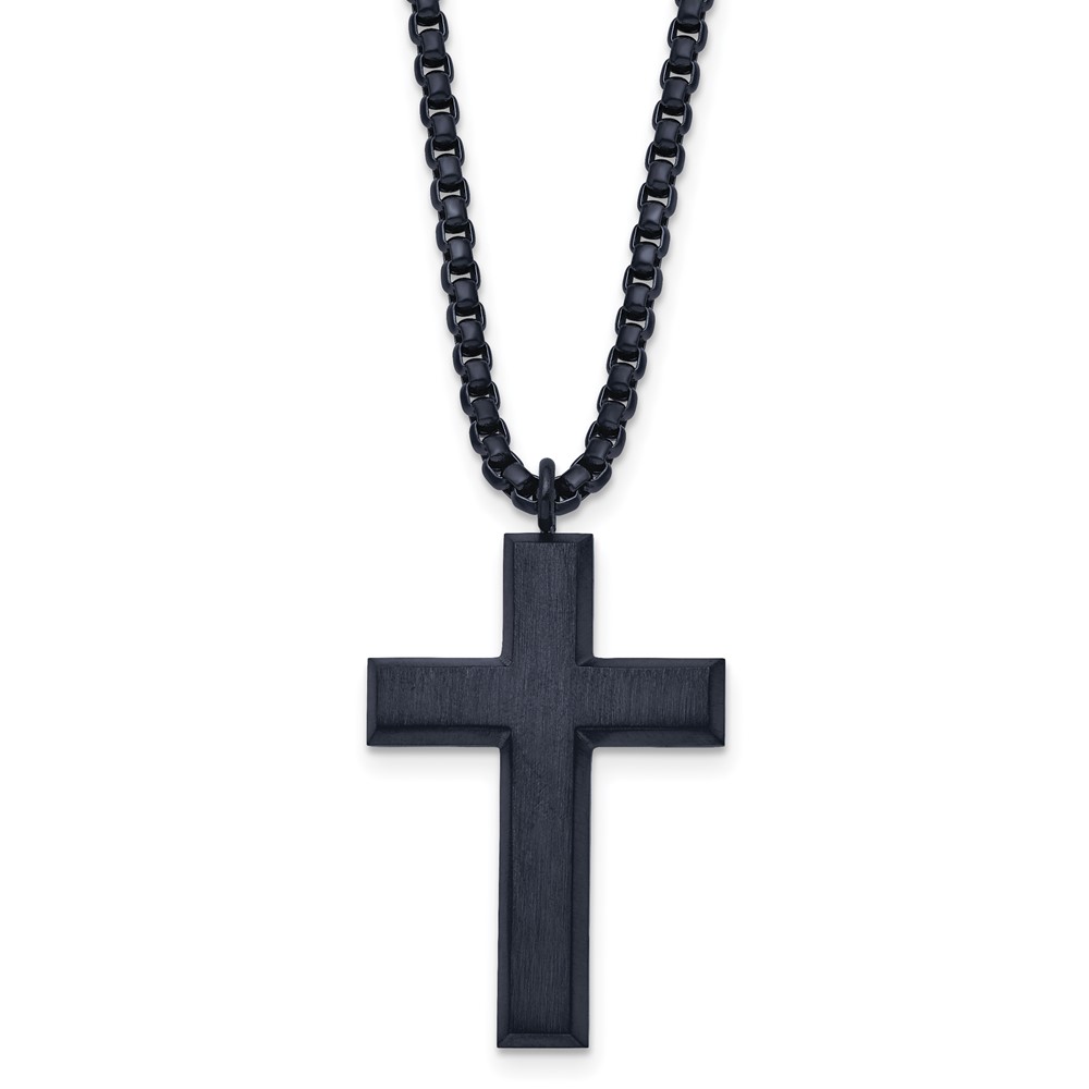 Stainless Steel Brushed and Polished Grey IP-plated Cross 24in Necklace