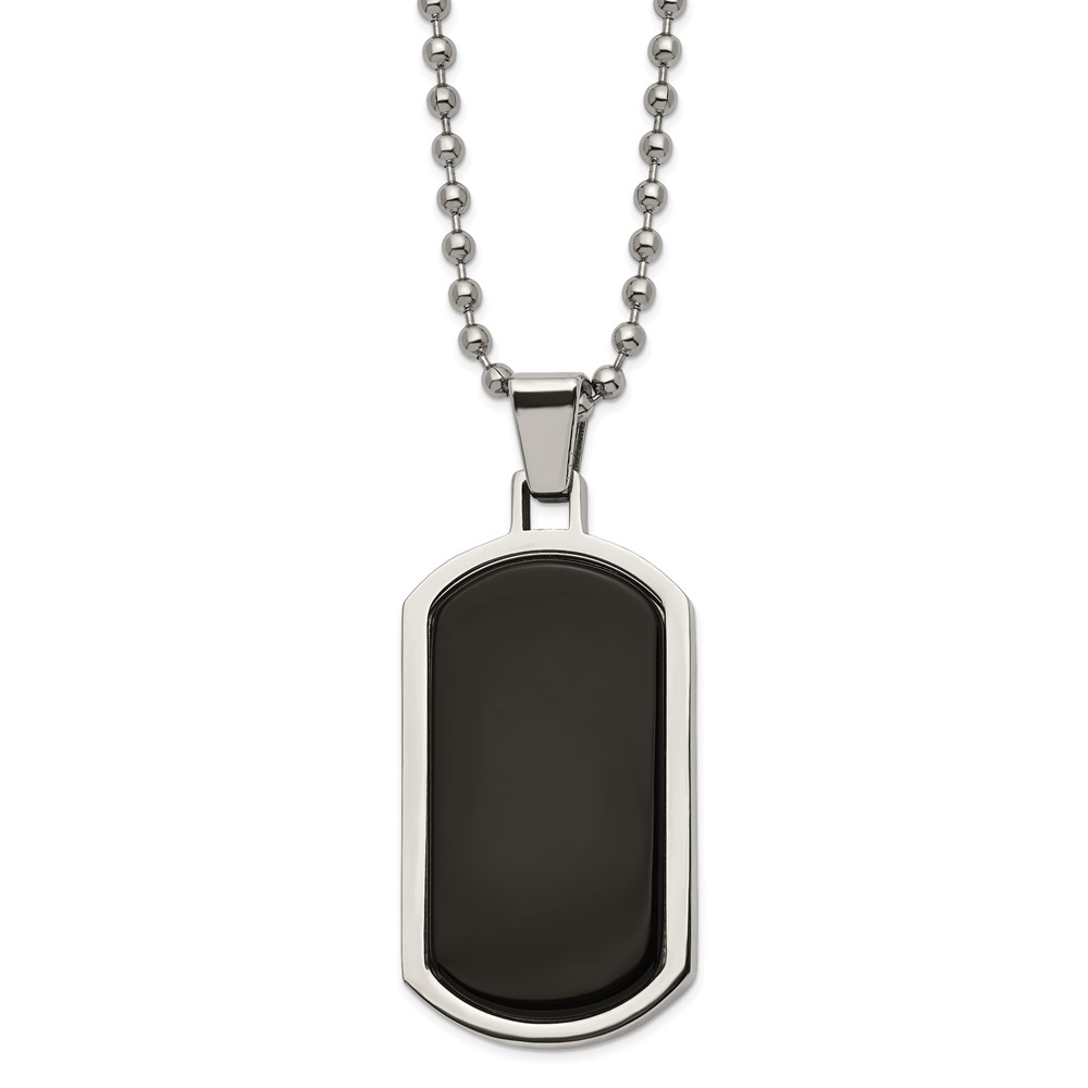 Stainless Steel Polished with Black Agate Inlay 22in Dog Tag Necklace