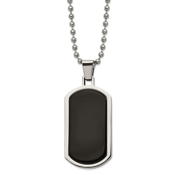 Chisel Stainless Steel Polished with Black Agate Inlay Dog Tag on a 22 inch Ball Chain Necklace