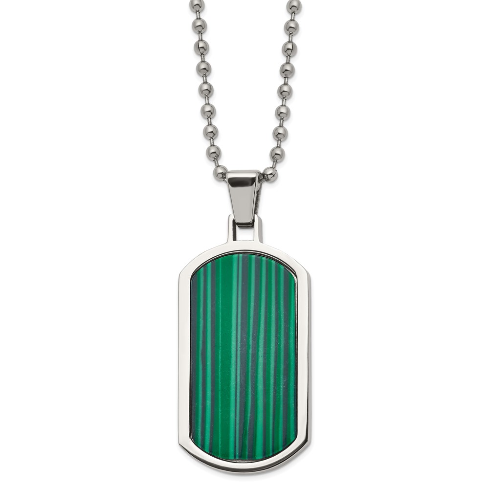 Stainless Steel Polished with Malachite Inlay 22in Dog Tag Necklace