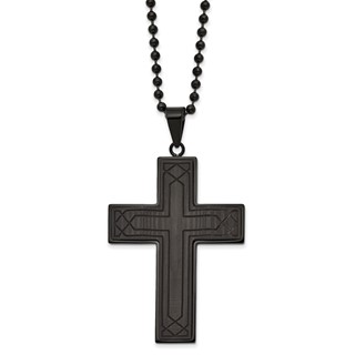 Chisel Stainless Steel Polished Black IP-plated Solid Black Carbon Fiber Cross Pendant on a 24 inch Ball Chain Necklace