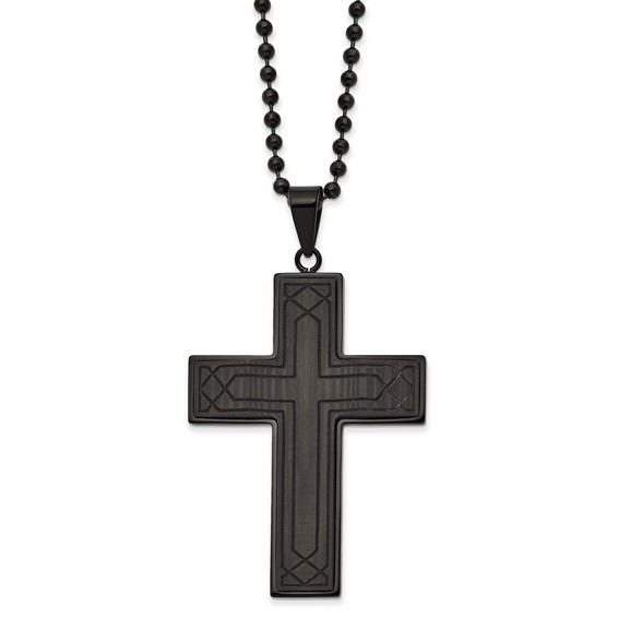 Chisel Stainless Steel Polished Black IP-plated Solid Black Carbon Fiber Cross Pendant on a 24 inch Ball Chain Necklace