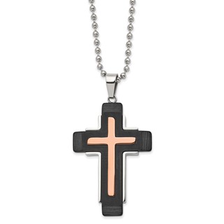 Chisel Stainless Steel Polished Rose IP-plated and Solid Black Carbon Fiber Cross Pendant on a 22 inch Ball Chain Necklace