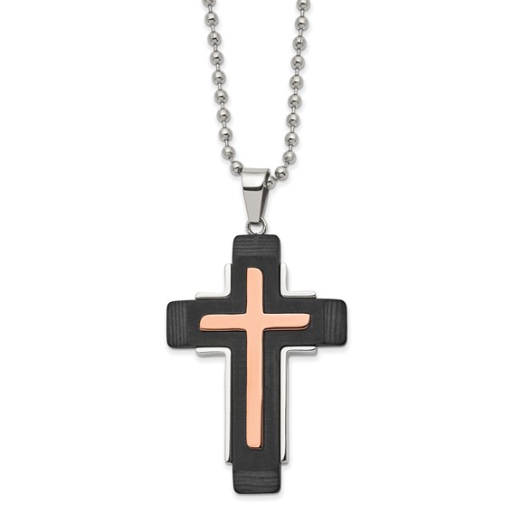 Chisel Stainless Steel Polished Rose IP-plated and Solid Black Carbon Fiber Cross Pendant on a 22 inch Ball Chain Necklace
