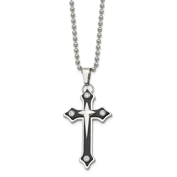 Chisel Stainless Steel Polished Black IP-plated with CZ Cross Pendant on a 20 inch Ball Chain Necklace