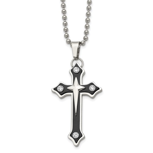 Chisel Stainless Steel Polished Black IP-plated Necklace with CZ Cross Pendant on a Ball Chain, 20"