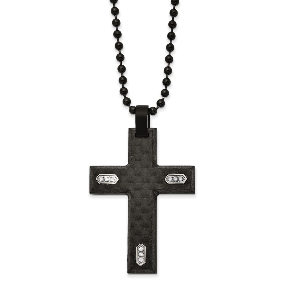 Stainless Steel Brushed Black IP & Carbon Fiber w/CZ Cross 24in Necklace