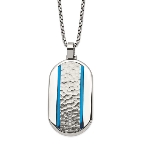Chisel Stainless Steel Brushed and Polished Blue IP-plated with CZ Rounded Dog Tag on a 24 inch Box Chain Necklace