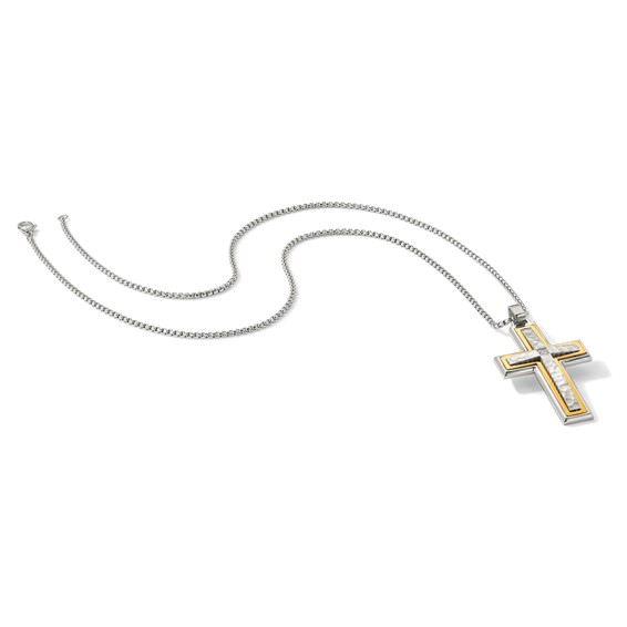 Chisel Stainless Steel Brushed and Polished Yellow IP-plated with CZ Cross Pendant on a 24 inch Box Chain Necklace