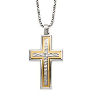 Chisel Stainless Steel Brushed and Polished Yellow IP-plated with CZ Cross Pendant on a 24 inch Box Chain Necklace