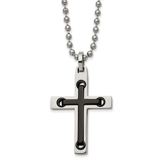 Chisel Stainless Steel Polished with Black IP-plated Center Cross Pendant on a 22 inch Ball Chain Necklace