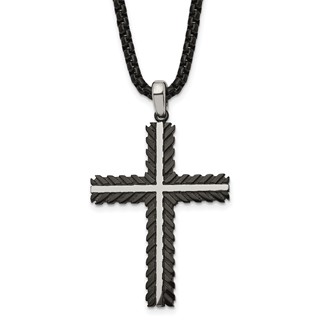 Chisel Stainless Steel Brushed and Polished Black IP-plated Cross Pendant on a 24 inch Box Chain Necklace