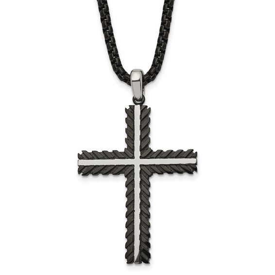 Chisel Stainless Steel Brushed and Polished Black IP-plated Cross Pendant on a 24 inch Box Chain Necklace