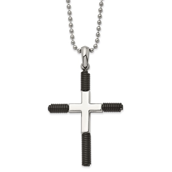 Chisel Stainless Steel Polished Black IP-plated Cross Pendant on a 22 inch Ball Chain Necklace