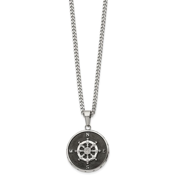 Chisel Stainless Steel Polished Black IP-plated Compass Pendant on a 22 inch Curb Chain Necklace