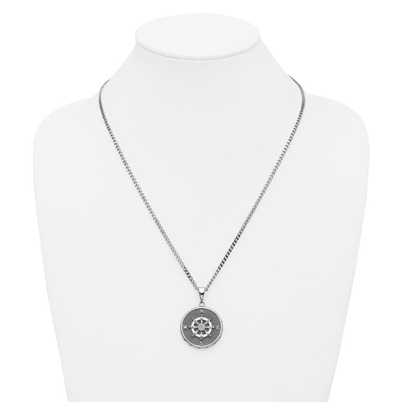 Chisel Stainless Steel Polished Black IP-plated Compass Pendant on a 22 inch Curb Chain Necklace