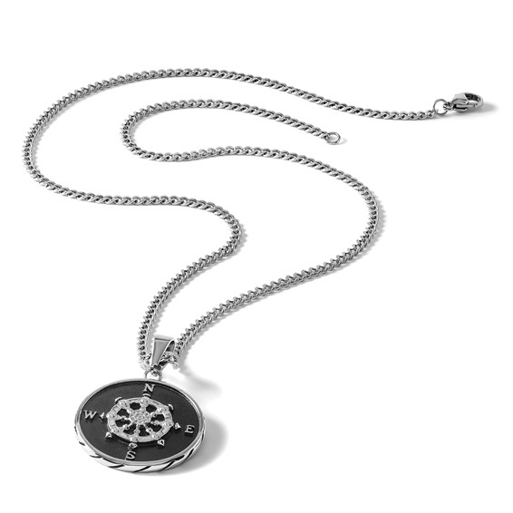 Chisel Stainless Steel Polished Black IP-plated Compass Pendant on a 22 inch Curb Chain Necklace